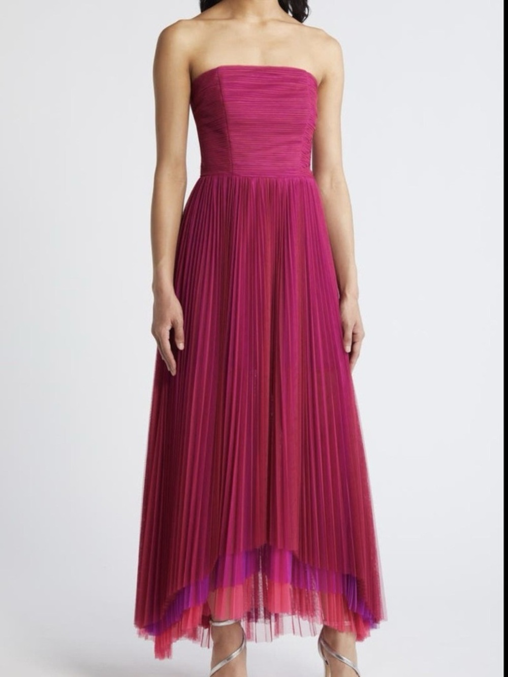 Strapless Pleated Midi Dress in Fuchsia